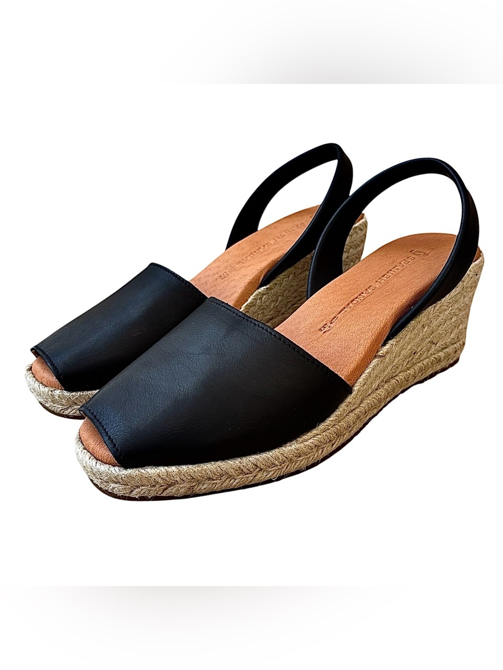 Nwob Spanish Sandal Co Black Leather Espadrille Wedge Sandals View 2